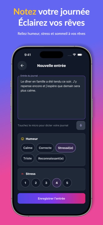 Journal quotidien en français avec notes, humeur et niveau de stress