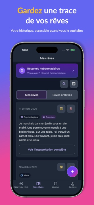 Journal de rêves en français avec rêves enregistrés et archivés