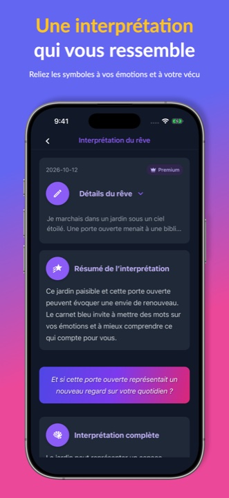 Écran français d’interprétation d’un rêve avec résumé et lecture détaillée